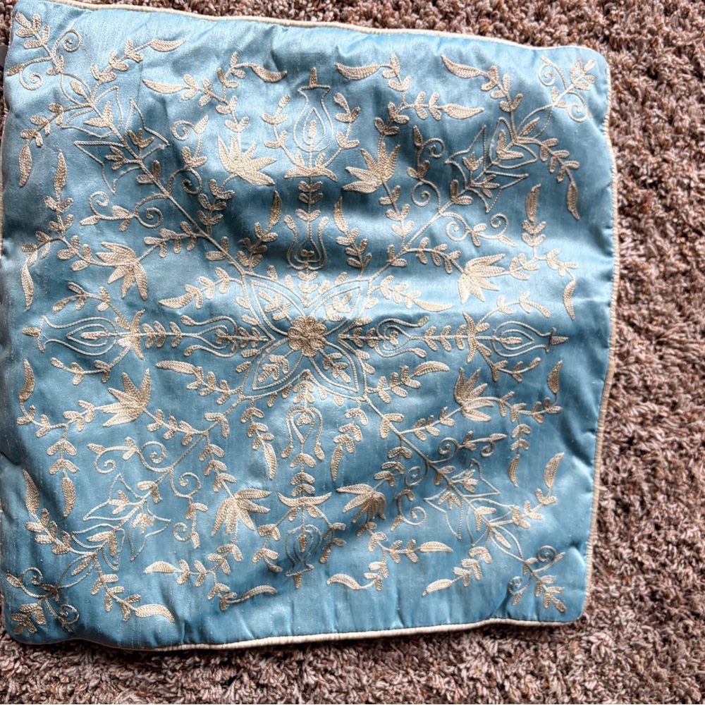 Pier 1 Teal Blue Pillow with Light Gold Embroidered Floral Design